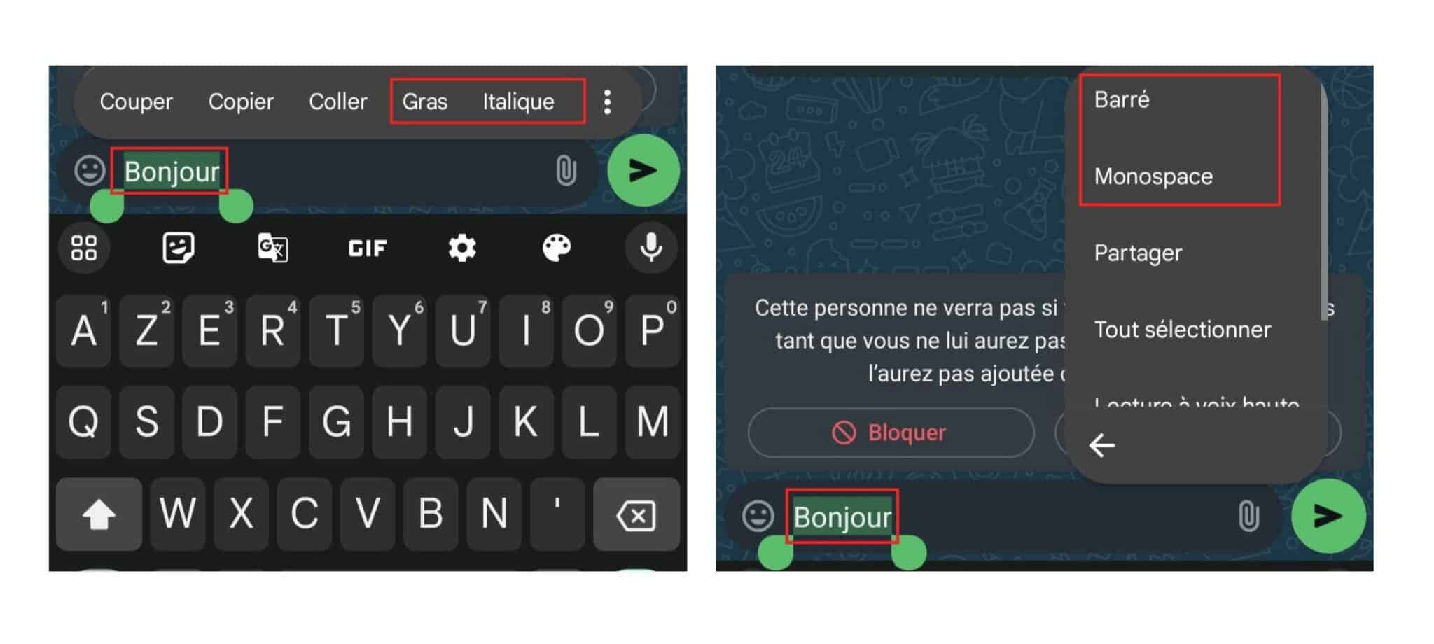 Modifier mise en forme texte WhatsApp gras ou italique