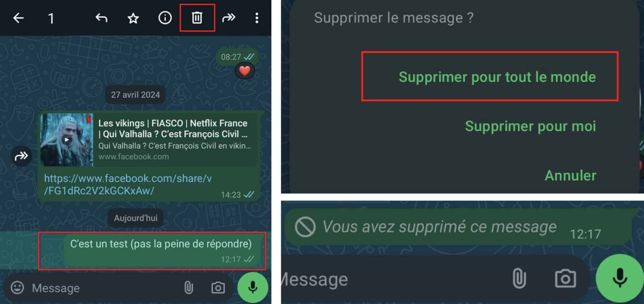 Supprimer message WhatsApp