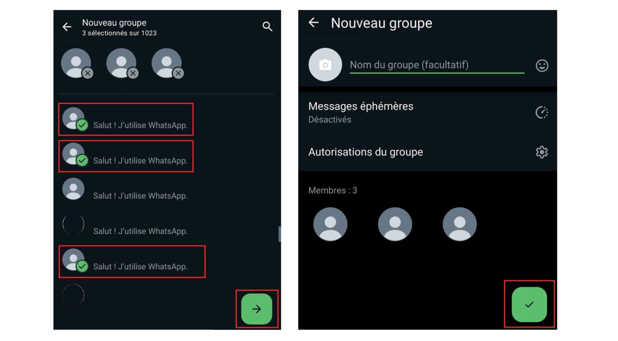 Sélection et validation groupe WhatsApp