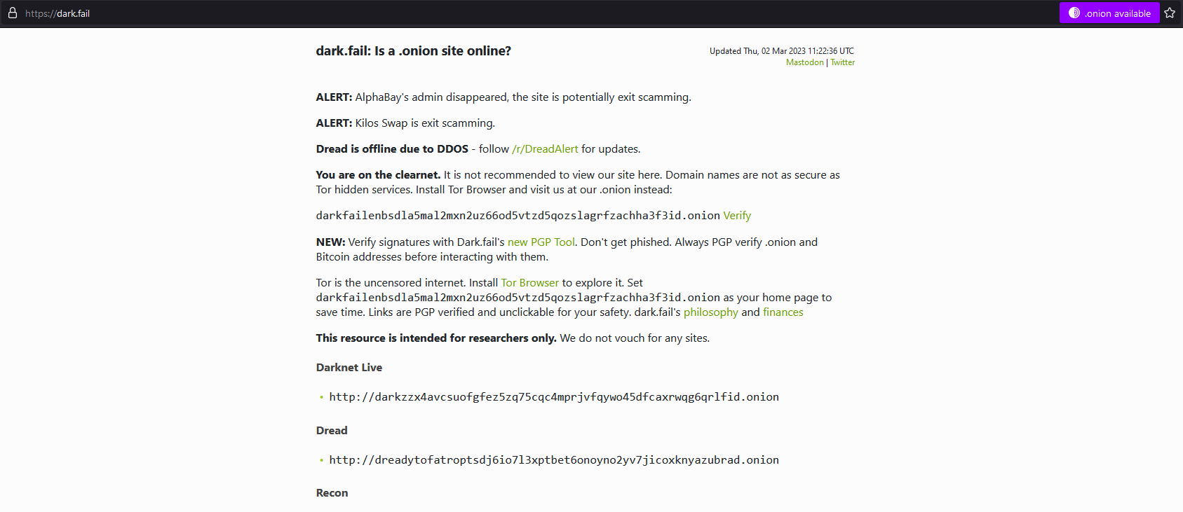 Le site dark.fail répertorie les signes dignes de confiance sur le darkweb