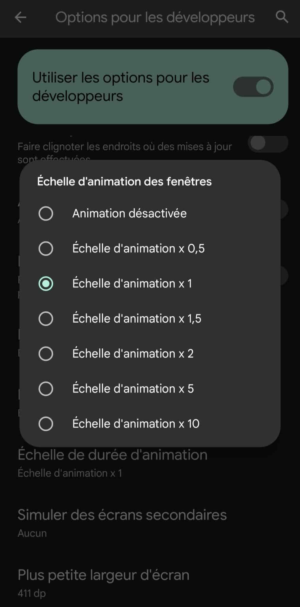 Echelle d'animation des fenêtres développeurs Android