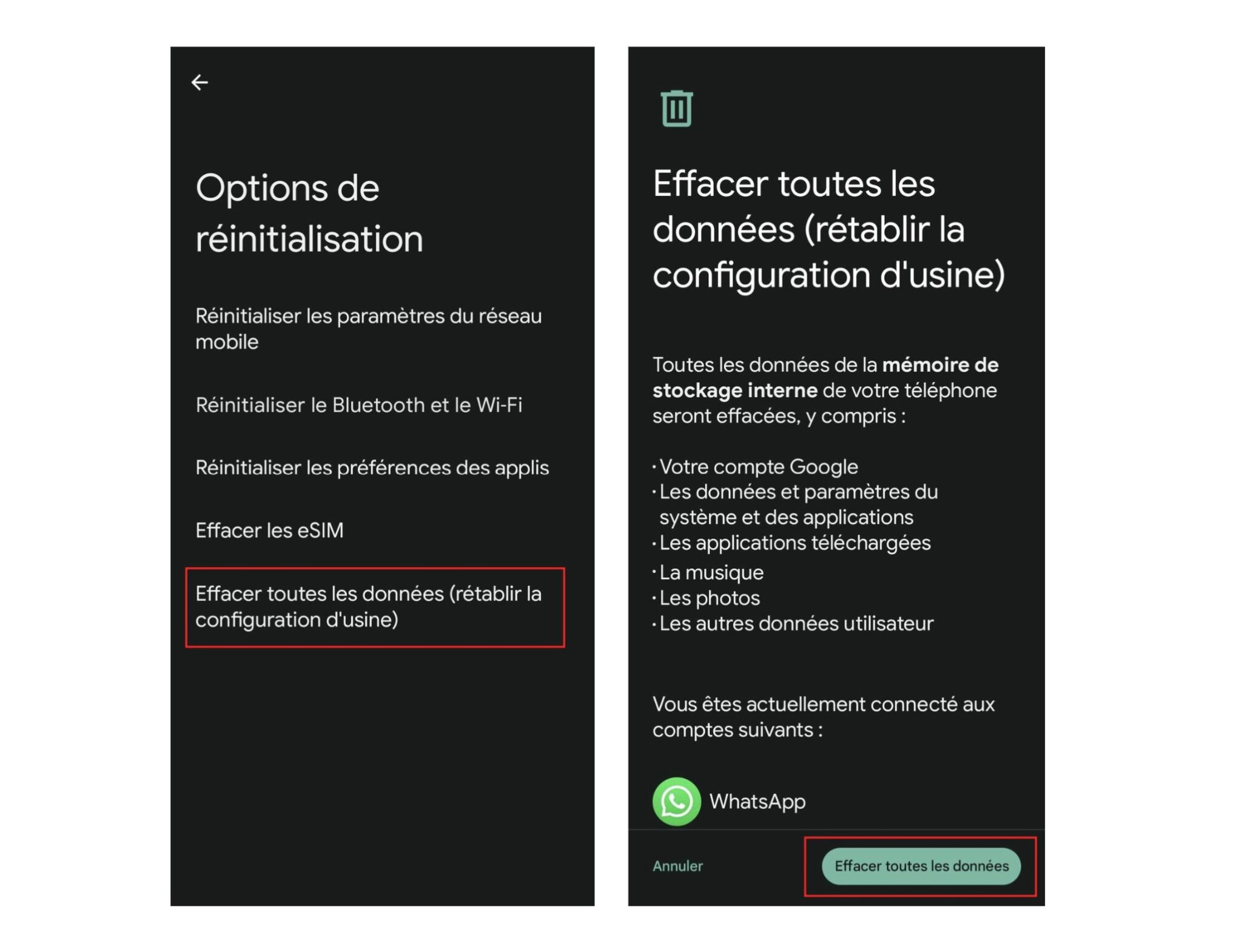 Réinitialiser smartphone Android paramètres usine