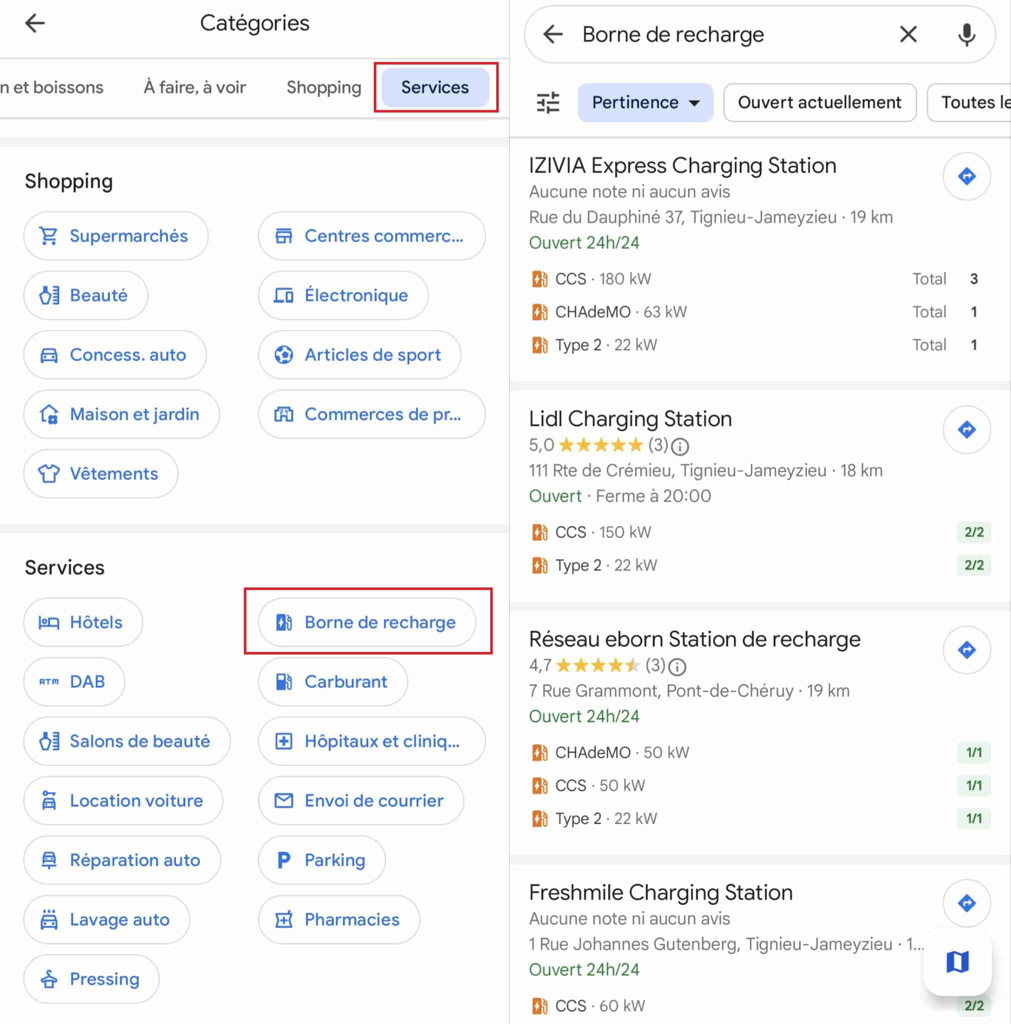 Borne de recharge Google Maps