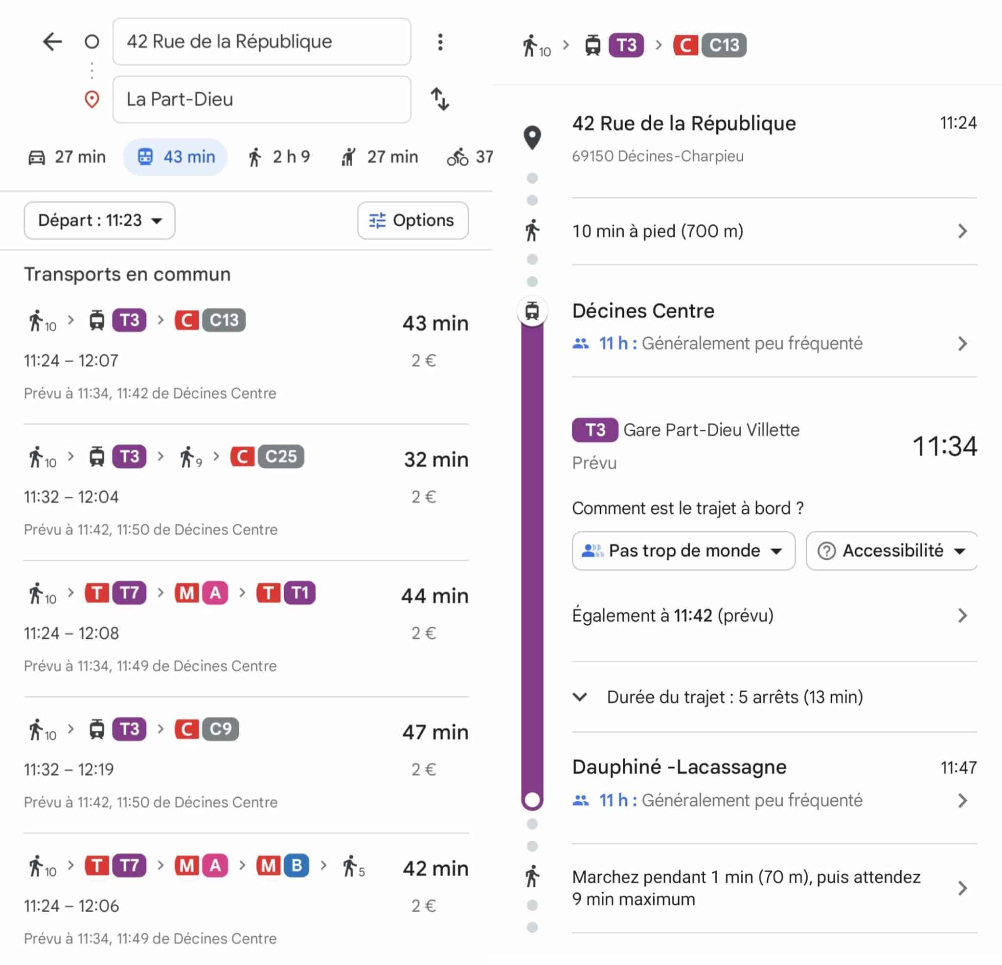 Trajet itinéraire transport en commun Google Maps