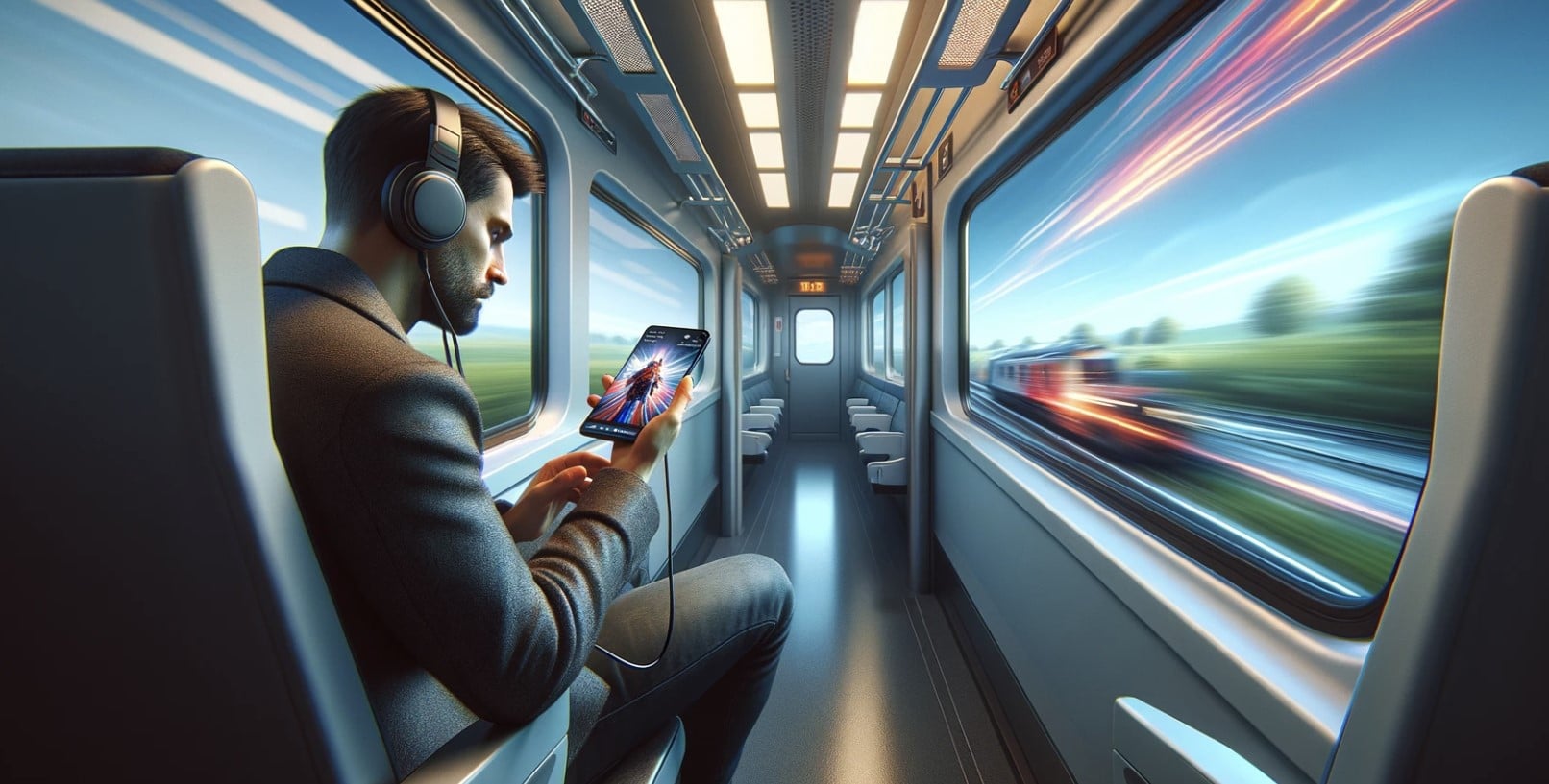 Streaming extérieur un utilisateur dans un train sur son smartphone