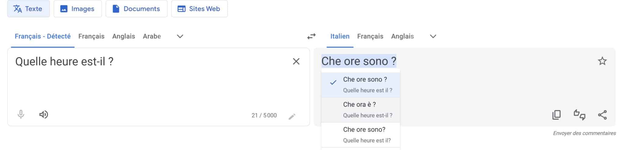 Suggestions de traduction Google Translate