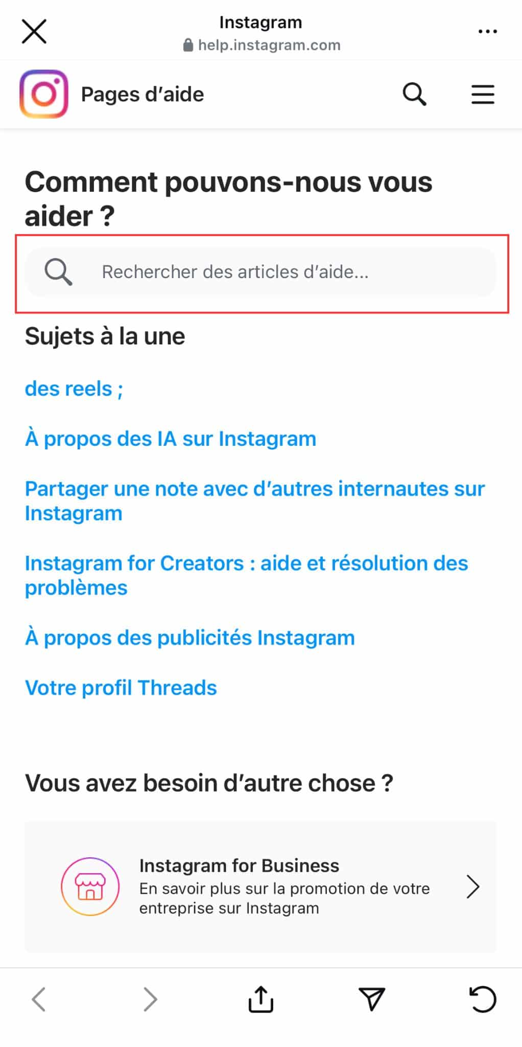 Assistance page d'aide Instagram