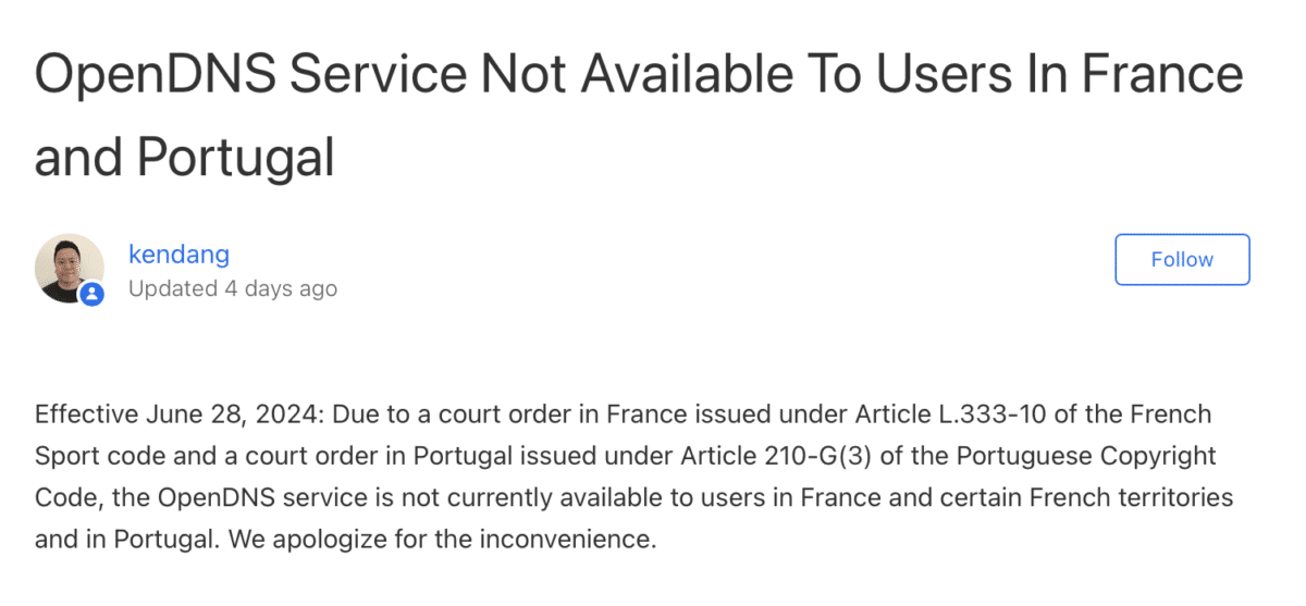 OpenDNS suspend son service en France