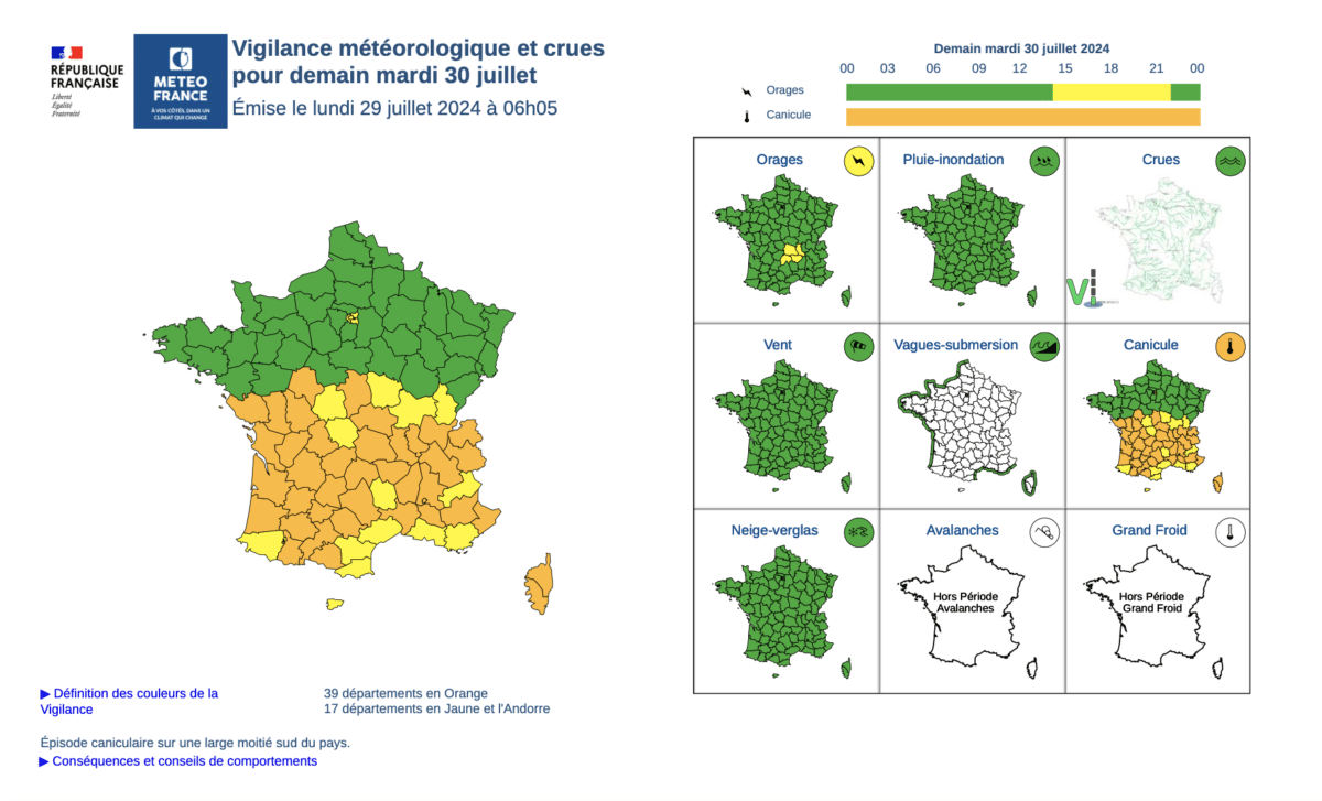 Alerte canicule mardi 30 juillet 2024