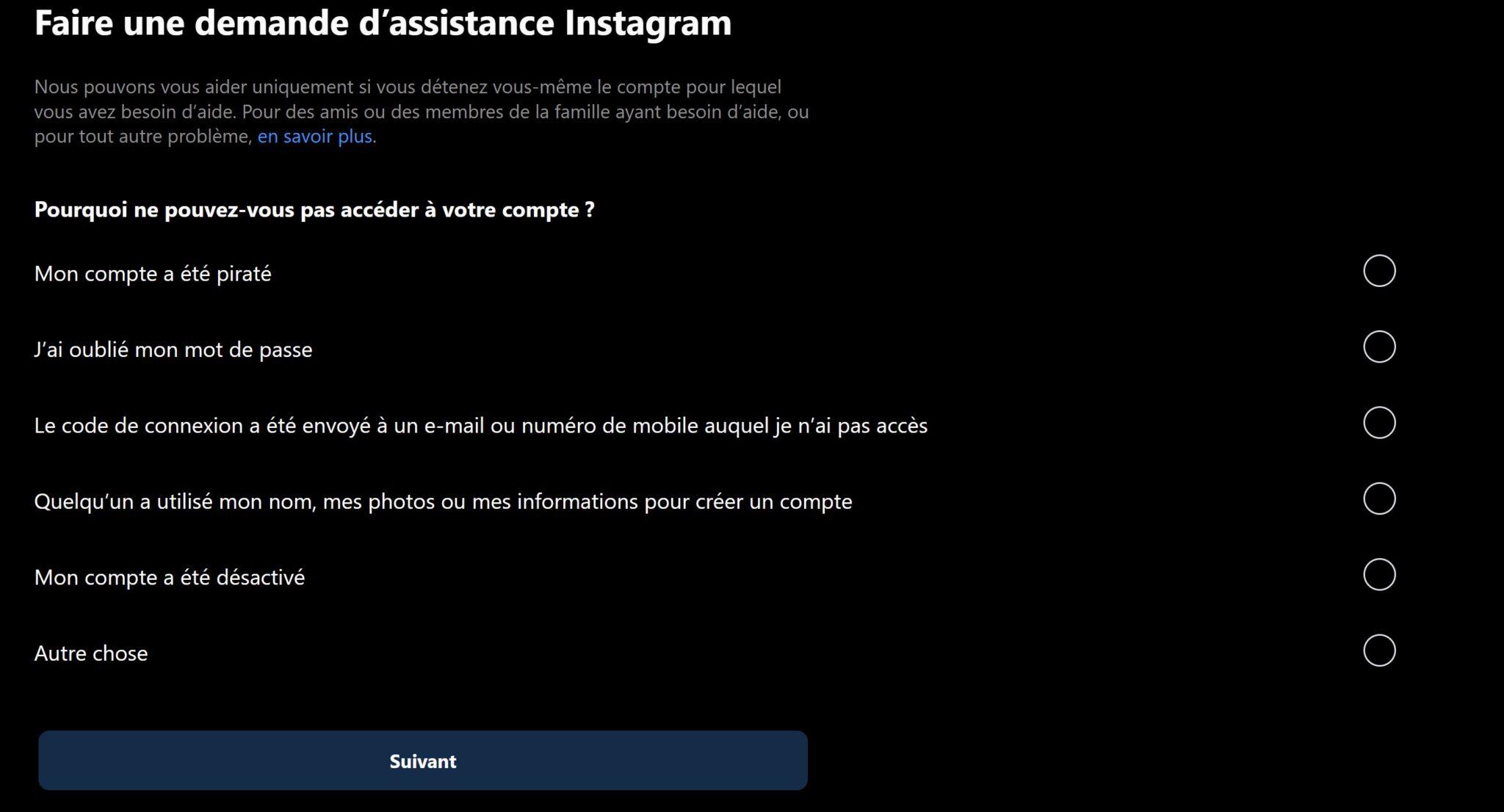 Formulaire assistance Instagram