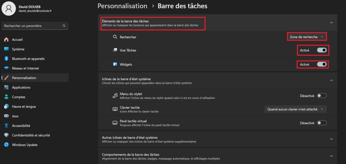 windows 11 barre des tâches éléments widgets 