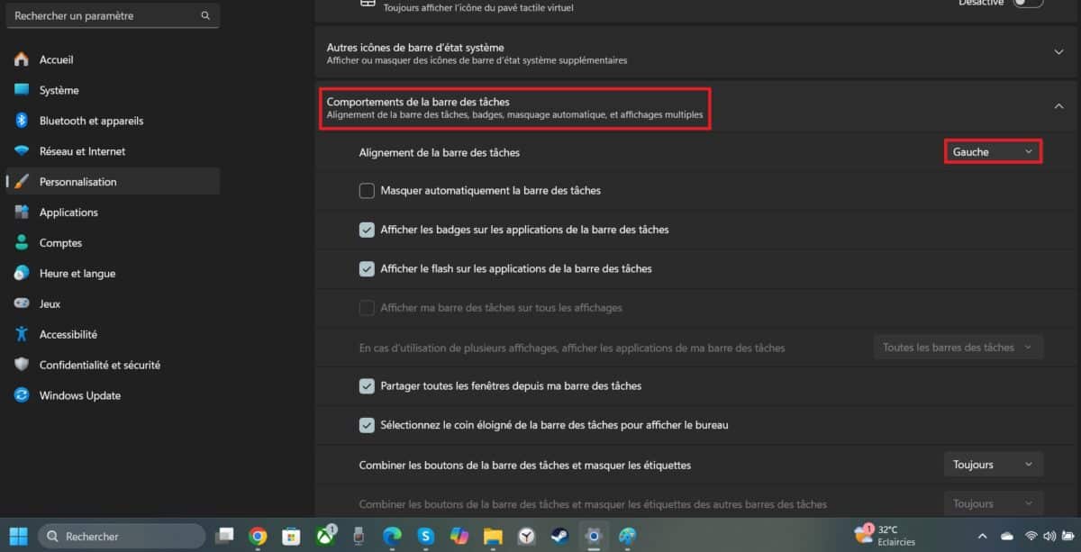 windows 11 barre des tâches alignement gauche 