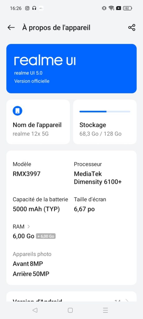 Fiche technique Realme 12X 5G