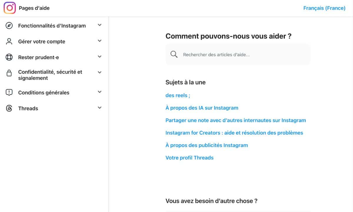 pages d'aide Instagram en ligne