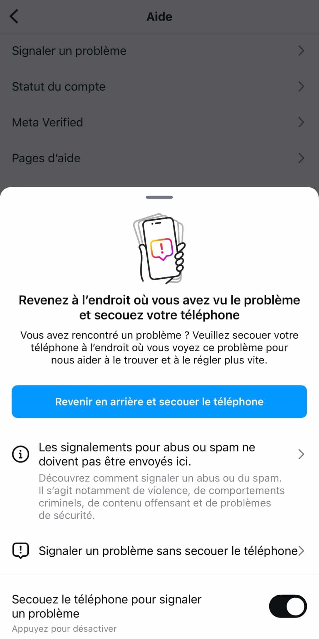 secouer pour signaler un problème Instagram