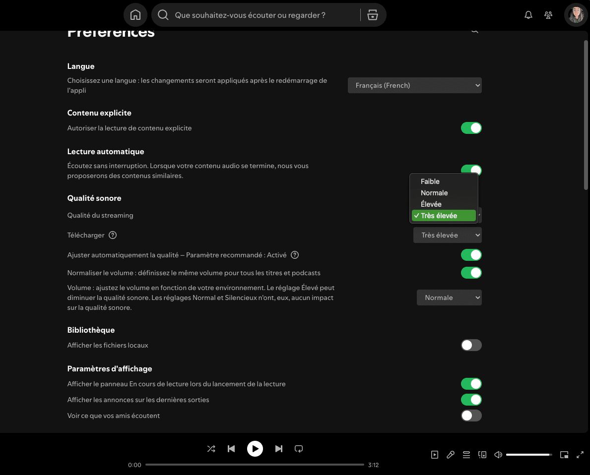 améliorer la qualité audio sur spotify desktop