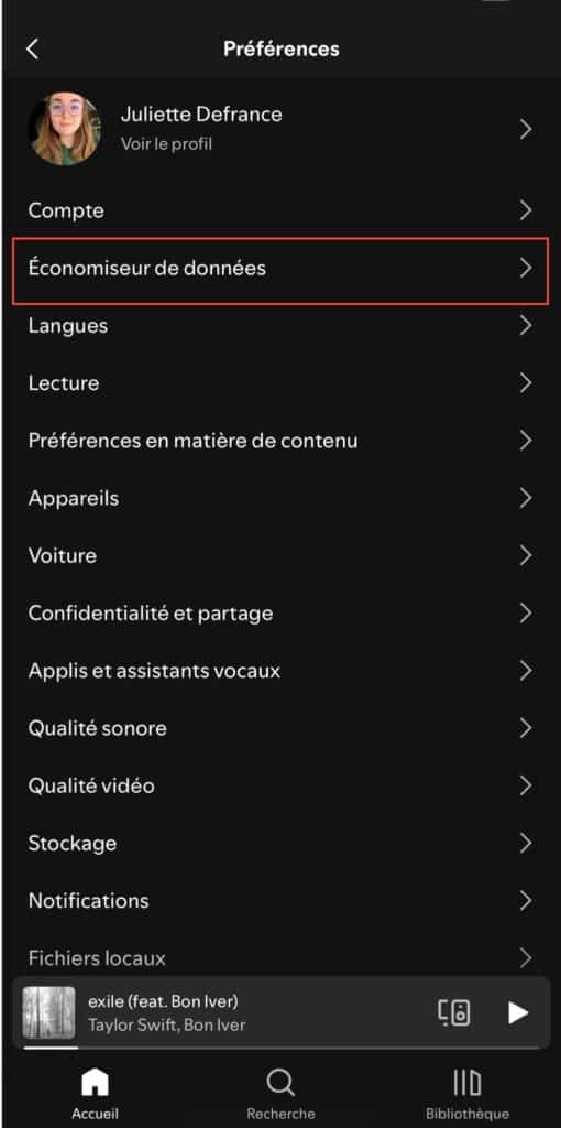 économiseur de données sur spotify