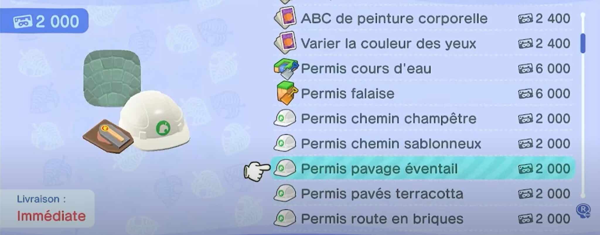 Liste permis de construire Animal Crossing: New Horizons