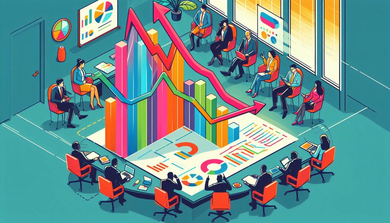 Autour d'une grande table de réunion, un graphique montrant des données en baisse coupe la table en 2