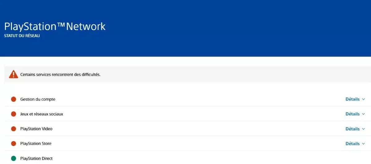 Capture d’écran du site du PSN
