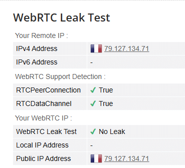 Test de fuite WebRTC avec ProtonVPN