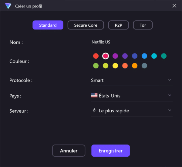 Création d'un profil dans Proton VPN
