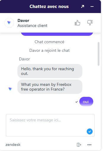 Capture d'écran d'un chat avec le support de Proton VPN