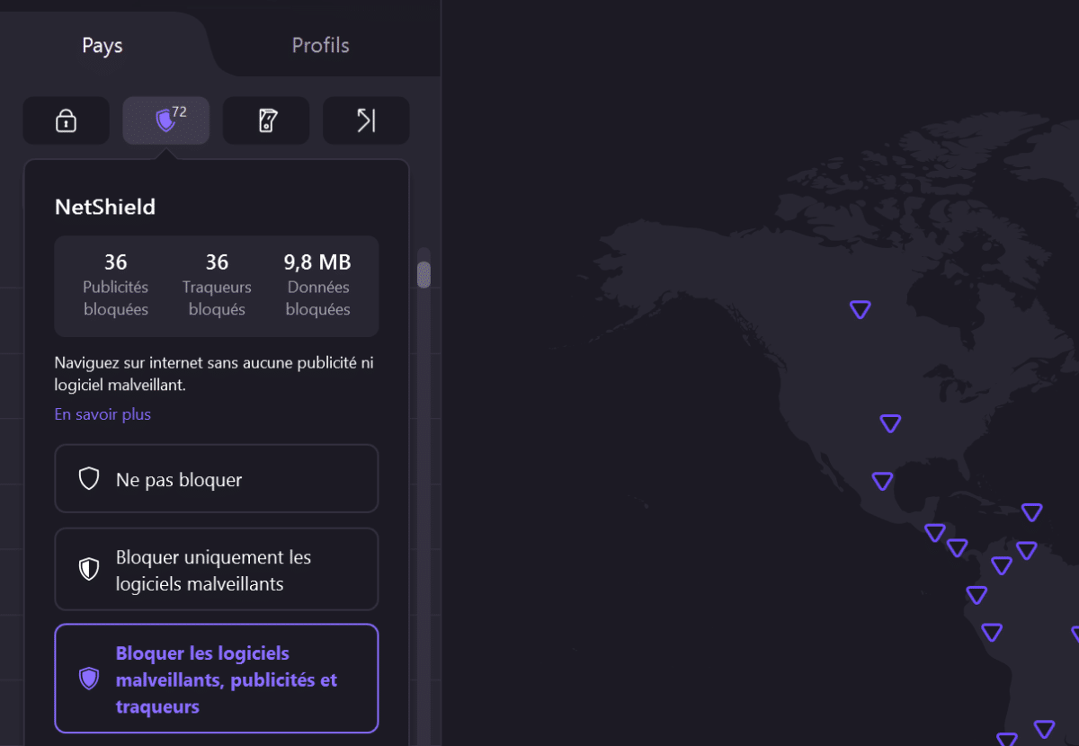 Interface de Netshield, le bloqueur de publicités de Proton VPN 