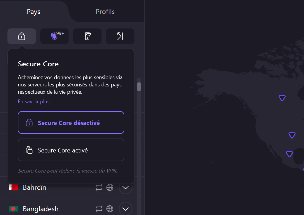 Interface de Secure Core, dans Proton VPN