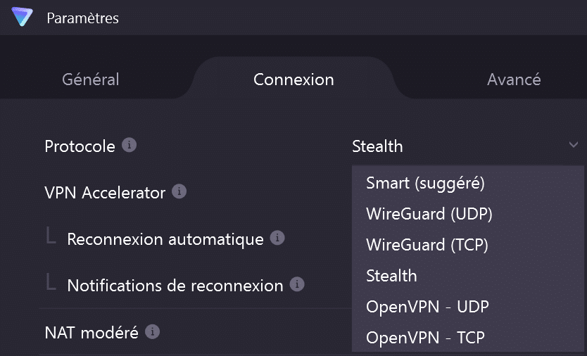 Stealth est un protocole qui permet de masquer l'utilisation du VPN. Il s'active depuis les paramètres.