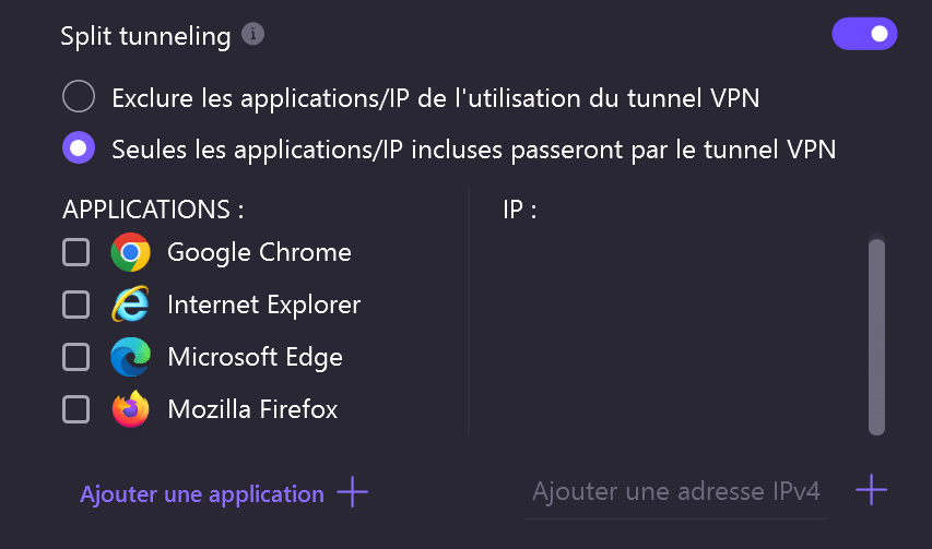 Interface de paramétrage du split tunneling dans Proton VPN