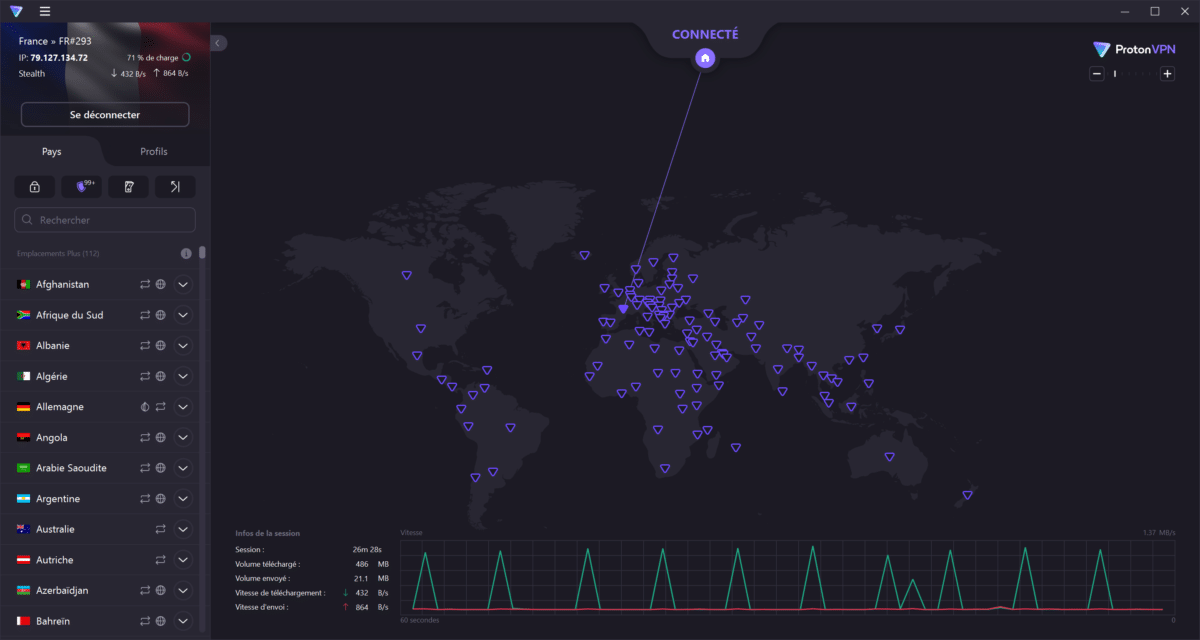 Interface principale de Proton VPN