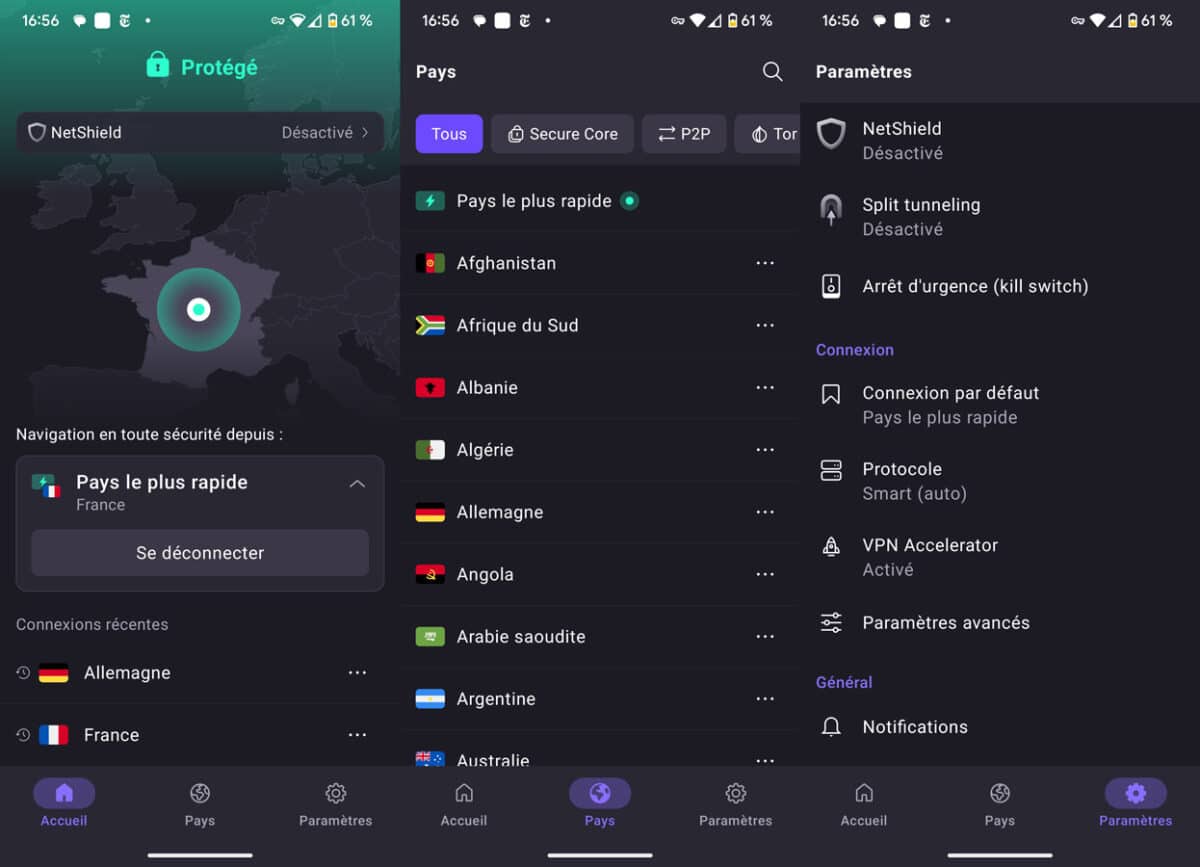 Interface de Proton VPN sur smartphone