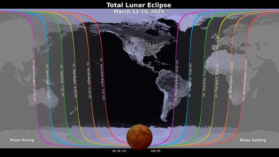 Trajet de l'éclipse lunaire du 14 mars 2025